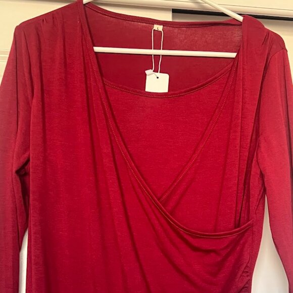 NWT FIT GLAM Burgundy Long Sleeve Faux Wrap Jersey Top Shirt Size Large NEW - Picture 5 of 7